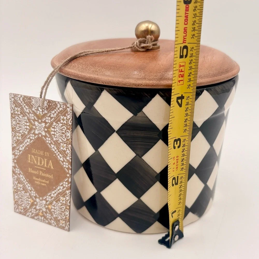 Hand Painted India Ceramic Canister Wood Lid Kitchen Decor Black White Diamond